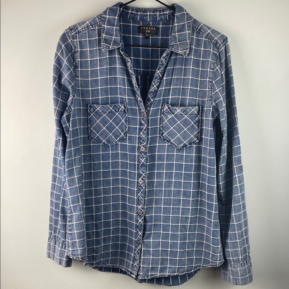 Tinsel Distressed Blue Plaid Casual Button Down Shirt Size M